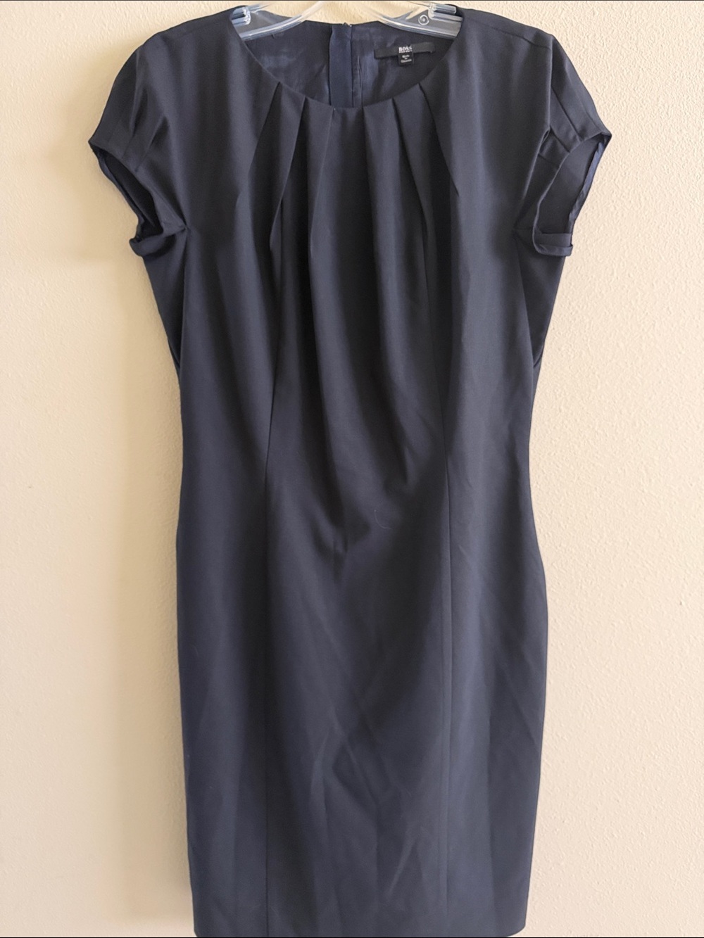 Boss Black Wool Blended Pleated Cap-Sleeve Sheath Dress